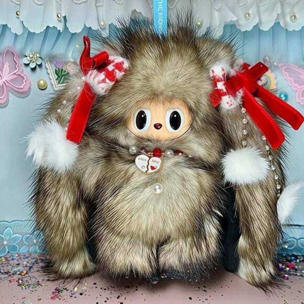 (40)Custom Handmade Labubu Plush - Tan & Brown Fur with Pearl Details